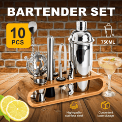 Mixology Bartender Kit Stainless Steel Cocktail Shaker Set with Wooden Stand, Bartender Kit 10 Pieces Bar Accessories for Home Bar Tools with a 25 oz Drink Shaker, Drink Mixer Plus Recipes