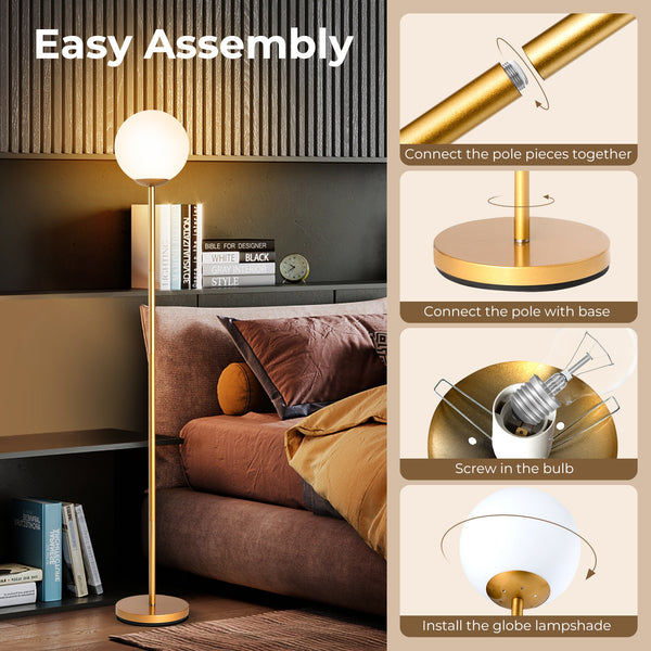 DORTALA Modern 165.1cm Floor Lamp with Golden Globe & Glass Shade, Foot-Operated Switch - Heavy-Duty Weighted Base Standing, Plug (220-240V), Metal/P Glass for Living Room, Bedroom, Home Office - Easy Assembly Luxury
