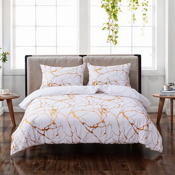1set White Gilded Marble Pattern Duvet Cover Pillowcase Three-Piece Bedding Set with 2 Pillowcases for All Seasons and 1 Soft Duvet Cover Home Bedding Three-Piece Set