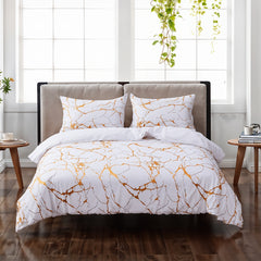 1set White Gilded Marble Pattern Duvet Cover Pillowcase Three-Piece Bedding Set with 2 Pillowcases for All Seasons and 1 Soft Duvet Cover Home Bedding Three-Piece Set
