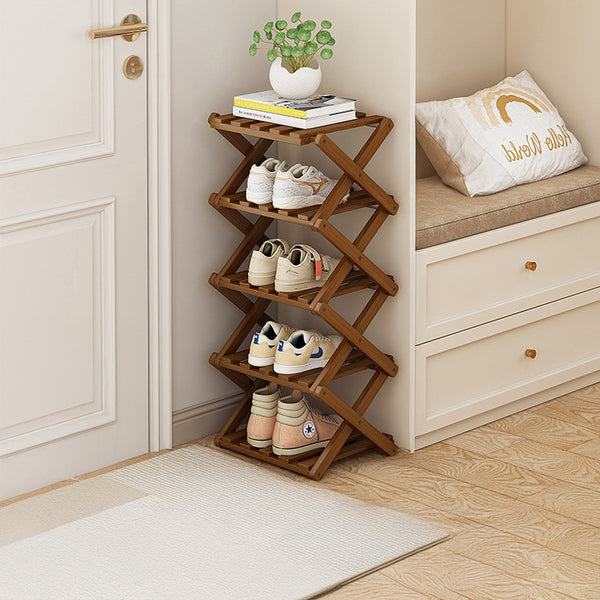 4/5/6/7 Tiers Bamboo Wooden Shoe Rack, Vertical Shoe Racks Storage Shelves Tall Shoe Tower, Collapsible Narrow Shoe Stand, Installation Free Folding X-Shape Shoe Racks Sneakers Slippers Holder Organizer, Multi Functional Shoe Rack Durable Footwear Cabinet