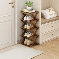 4/5/6/7 Tiers Bamboo Wooden Shoe Rack, Vertical Shoe Racks Storage Shelves Tall Shoe Tower, Collapsible Narrow Shoe Stand, Installation Free Folding X-Shape Shoe Racks Sneakers Slippers Holder Organizer, Multi Functional Shoe Rack Durable Footwear Cabinet