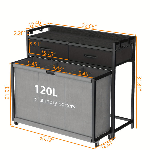 Modern Gray Rolling Laundry Hamper with 3 Removable Bags & 2 Drawers - Durable Wooden Laundry Sorter Cart for Bathroom, Bedroom, Laundry Room - Space-Saving Storage Organizer with Wheels, Laundry Basket, Laundry Baskets