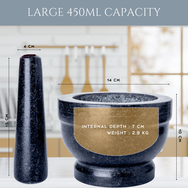 Homiu Pestle And Mortar Set | Granite Stone Large Bowl Grinder with Base | Premium Kitchenware Natural Stone, Solid and Durable, Spice Garlic Herb Crusher Seed Grinder| Large Black 14.5cm Diameter