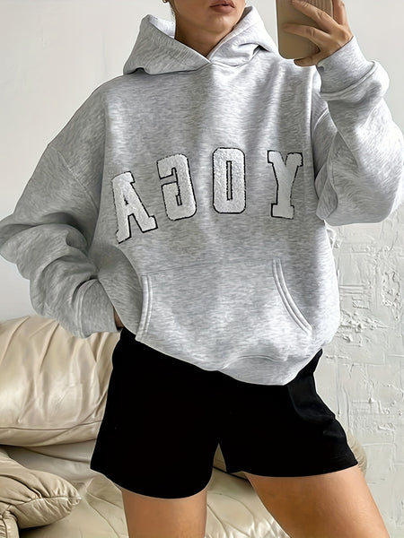 2024 New YOGA Letter Embroidery Gray Casual Loose Sports Sweatshirt, Women's Top, Sports Hoodie