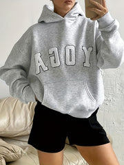 2024 New YOGA Letter Embroidery Gray Casual Loose Sports Sweatshirt, Women's Top, Sports Hoodie