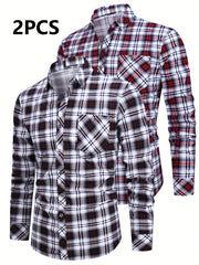 2pcs Set of Long-Sleeved Men'S Shirts, Autumn Men'S Clothing, Plaid Button- Shirts