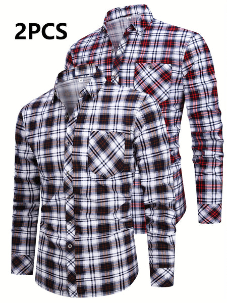 2pcs Set of Long-Sleeved Men'S Shirts, Autumn Men'S Clothing, Plaid Button- Shirts