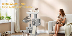 98cm Cat Tree, Cat Tower for Indoor Cats, Multi-Level Cats House Furniture with Scratching Post, 2 Caves, Large Platform, Scratching Ramp, Pompom, Light Grey