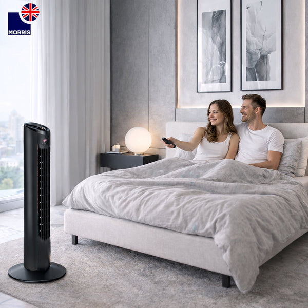 Morris Tower Fan 32 Inch Bladeless Design 3 Speeds Oscillating Remote Control Quiet 45dB for Bedroom Office 7.5H Timer