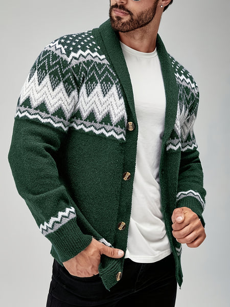 Men's Casual Geometric Pattern Cardigan Sweater - Navy Blue with White and Black Accents, Button-Up Collar, Machine Washable, Polyester for Fall/Winter