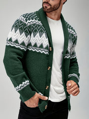 Men's Casual Geometric Pattern Cardigan Sweater - Navy Blue with White and Black Accents, Button-Up Collar, Machine Washable, Polyester for Fall/Winter