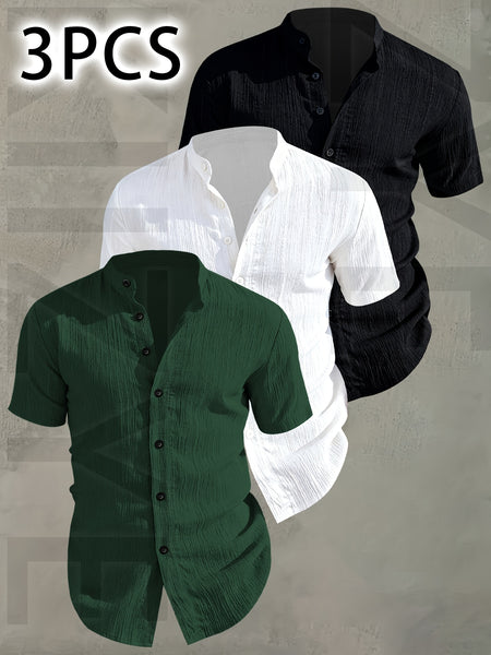 [Pearson OBM] 3pcs Men'S Summer Short Sleeve Shirt - Lightweight Breathable Solid Color Button-Up Casual Shirt with Stand Collar, Machine Washable for Beach Vacation, Pool Party And Casual Attire, Beach Shirt, Perfect for Gifting