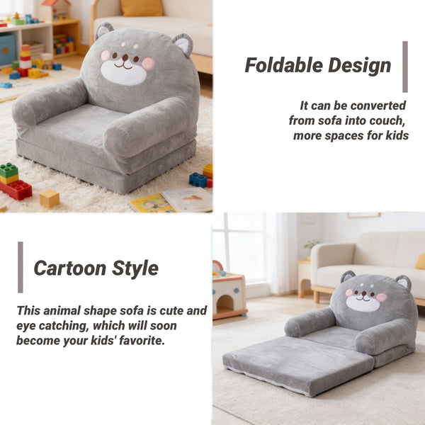 Cozy Kid Folding Sofa, Plush, Washable Lounge Chair for Playroom & Nursery, Gray Dog Style Foldable Wide Handle Soft Breathable Toddler Chair for Reading Relaxing Sleeping(2 Layers)
