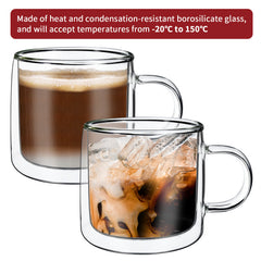 Vinsani Double Walled Coffee Drink Glasses Tea Cup Mug Heat Cold Resistant Aesthetic Clear Borosilicate Glass with Handle Cappuccino Latte Tea Dessert Hot and Cold Drinks