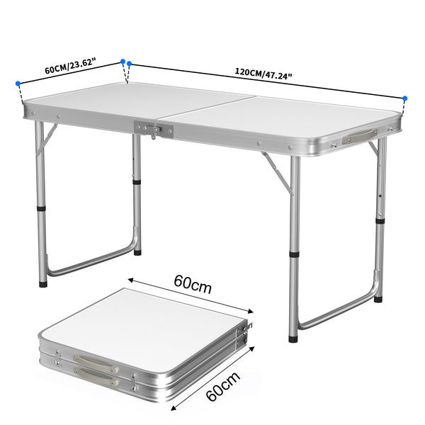4FT Heavy Duty Folding Table Adjustable Height Pop-Up Trestle Table - 120x60x70/62/55cm, Waterproof Camping Table with Carry Handle for Indoor Outdoor Kitchen Campervan Picnic Work Top Table
