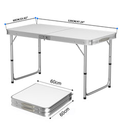 4FT Heavy Duty Folding Table Adjustable Height Pop-Up Trestle Table - 120x60x70/62/55cm, Waterproof Camping Table with Carry Handle for Indoor Outdoor Kitchen Campervan Picnic Work Top Table