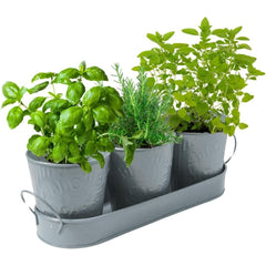 Trendi – Set of 3 Metal Plant Pots with Drip Tray | Embossed Indoor & Outdoor Plant Pots for Garden, Windowsill, Kitchen & Desk | Decorative Metal Flower Pots for Herbs & Plants | Light Grey