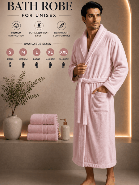 Unisex Terry Towelling Bathrobe with Shawl Collar, Soft Cotton Robe with Belt & Pockets, Comfortable Dressing Gown for Men & Women, S-XXL