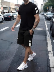 A Stylish Two-Piece Summer Outfit for Men, Featuring a Short-Sleeve Round-Neck T-Shirt And Shorts with Pockets