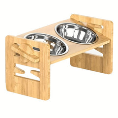 Stainless Steel Double Bowl Feeding Station with Non-Slip Bamboo Base - Ergonomic Design for Easy Access, Perfect for Dogs and Cats, Pet Feeding Station, Pet Food Storage, Modern Petware, Durable Petware