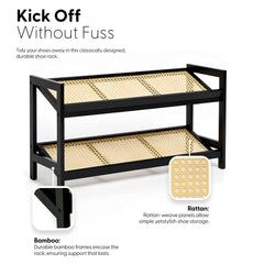 KEPLIN 2/3/4-Tier Bamboo and Rattan Shoe Rack Organizer – Durable, Easy Assembly – Compact Design for Entryway, Closet, or Hallway – Stylish and Functional Storage – Black and Natural
