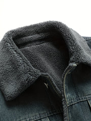 Winter Fleece Warm Denim Jacket Washed with Vintage Style