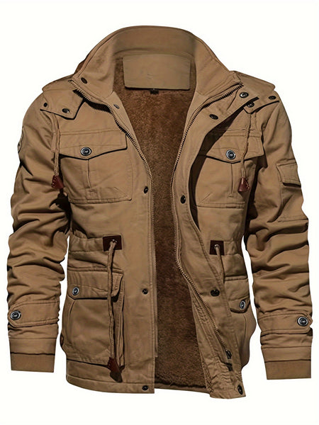 Men'S Fleece Jacket Casual Warm Hooded Windproof Outerwear Fleece Jacket Hooded Multi-Pocket Utility Jacket