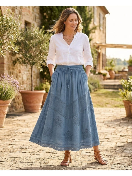Women'S Indian Boho Maxi Skirt, Embroidered Drawstring Tiered Skirt 18654