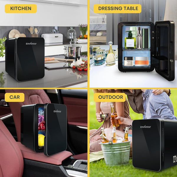 Enventor Mini Fridge 4 Litre, 6 Can Mini Fridges for Bedrooms, AC+12V DC Power Cooler & Warmer, Portable Small Fridge for Car, Travel, Home/Skincare, Makeup, Cosmetics/Drinks, Fruit, Food, Black