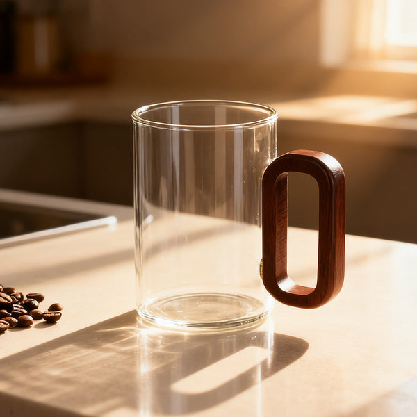 6pcs High Borosilicate Transparent Glass Cups, 360ml Vintage Wood Handle Tea Cups, Heat-Resistant Household & Office Tea Cups, Multi-Purpose Coffee Cups, Beverage Cups, Milk Cups, Suitable for Home, Office, Bar