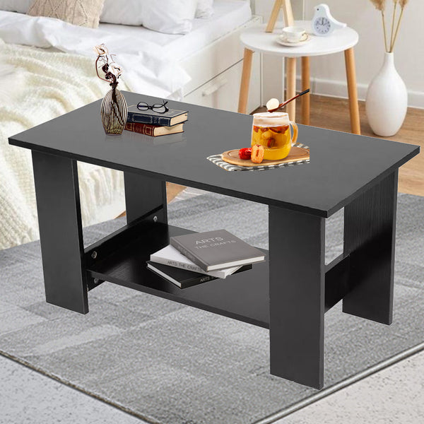 Modern Black Coffee Table with Lower Storage Shelf - Living Room Tea Side End Desk, Contemporary Design with Magazine Rack & Open Storage