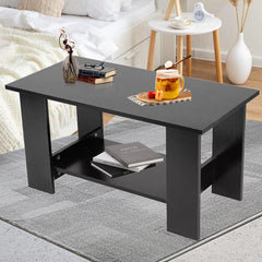 Modern Black Coffee Table with Lower Storage Shelf - Living Room Tea Side End Desk, Contemporary Design with Magazine Rack & Open Storage
