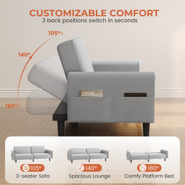 Costoffs Contemporary Sofa Bed Convertible Sofa Futon Couch Fabric 3-Seater Sofa Bed for Small Space/Apartments/Guest Rooms/Studios, Beige/Light Grey
