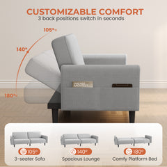Costoffs Contemporary Sofa Bed Convertible Sofa Futon Couch Fabric 3-Seater Sofa Bed for Small Space/Apartments/Guest Rooms/Studios, Beige/Light Grey