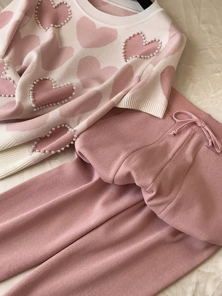 Women'S Korean-Style Heart-Shaped Printed Set - Short-Sleeved Beaded Top And Sweatpants, Casual Elegant Heart Pattern Outfit, Round Neck with Pockets, Casual Wear/Elegant /Beaded Details, Sweater Set