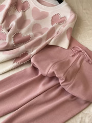 Women'S Korean-Style Heart-Shaped Printed Set - Short-Sleeved Beaded Top And Sweatpants, Casual Elegant Heart Pattern Outfit, Round Neck with Pockets, Casual Wear/Elegant /Beaded Details, Sweater Set