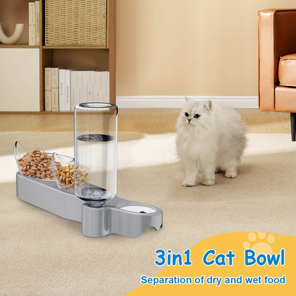 3-In-1 Pet Feeder, Pet Bowl, 40.01cm*9.3cm, Local Inventory Shipment, Triple Cat Bowl for Food And Water, Plastic Raised Cat Dish, Automatic Water Bottle, Food Bowl And Waterer Set, 15° Neck Guard, Dry And Wet Food Bowl Set for Cats