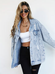 Loose-Fitting Women'S Denim Jacket with Holes