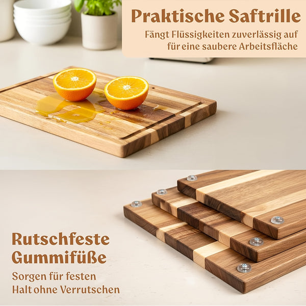 Acacia Wood Chopping Board Set of Four (Three Chopping Boards And One Stand); Thick, Solid Acacia Wood Chopping Boards, Suitable for Use in The Kitchen; Wooden Chopping Boards in Various Sizes; Wooden Chopping Boards for Kitchen Use