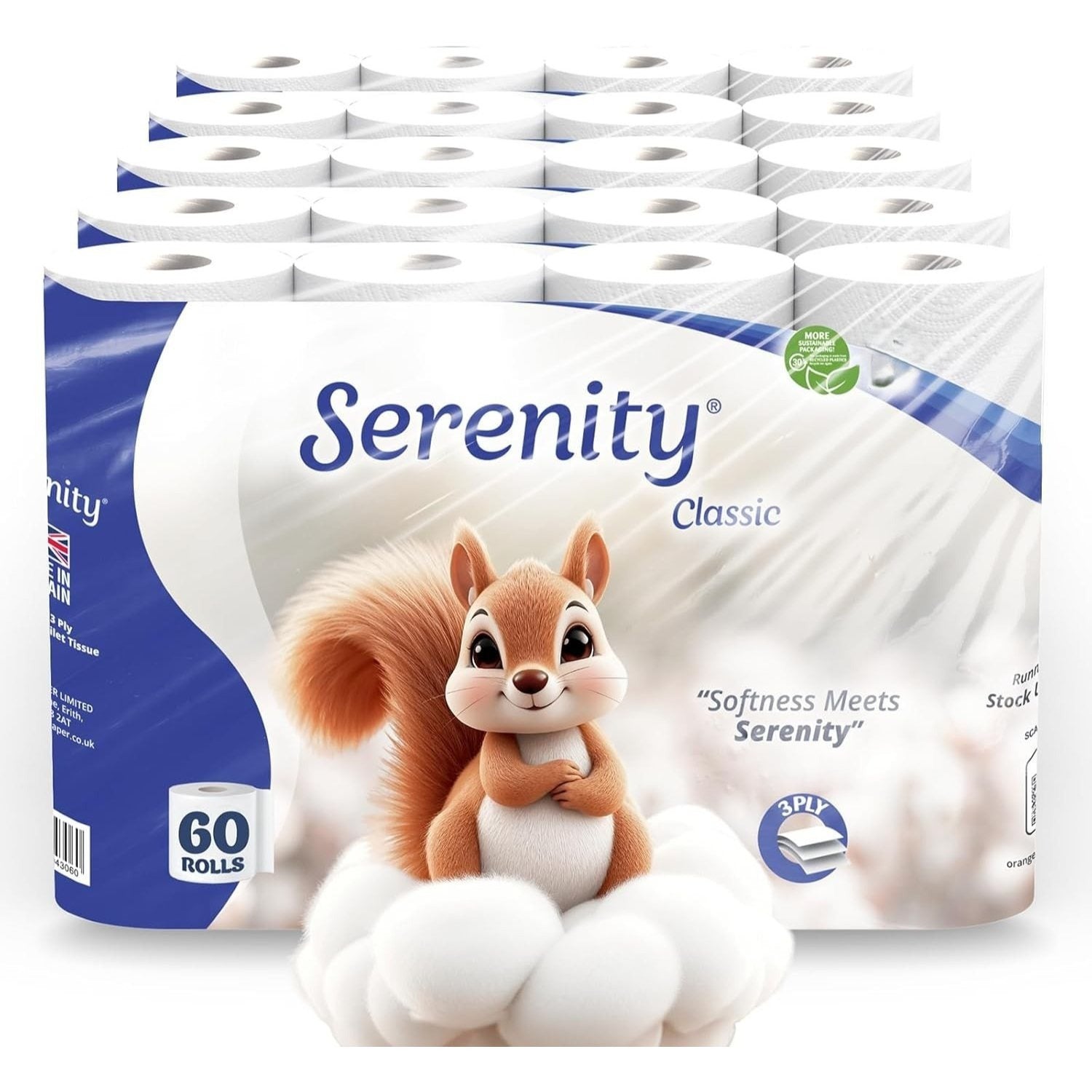 Serenity Soft 3-Ply Quilted Toilet Tissues | Available in 60 or 72 Mega Value Packs | Made in the UK | Luxuriously Soft, Gentle & Strong Bulk Toilet Rolls, Hypoallergenic, Dermatologically Tested | Fast Dispatch from UK Seller