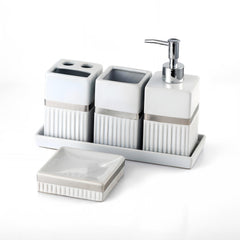 Ceramic Haven Elegance Collection | Set of 5 Luxury Bathroom Accessories | Soap Dispenser, Toothbrush Holder, Multipurpose Holder, Tumbler, Vanity Tray | Stylish Décor & Organizer