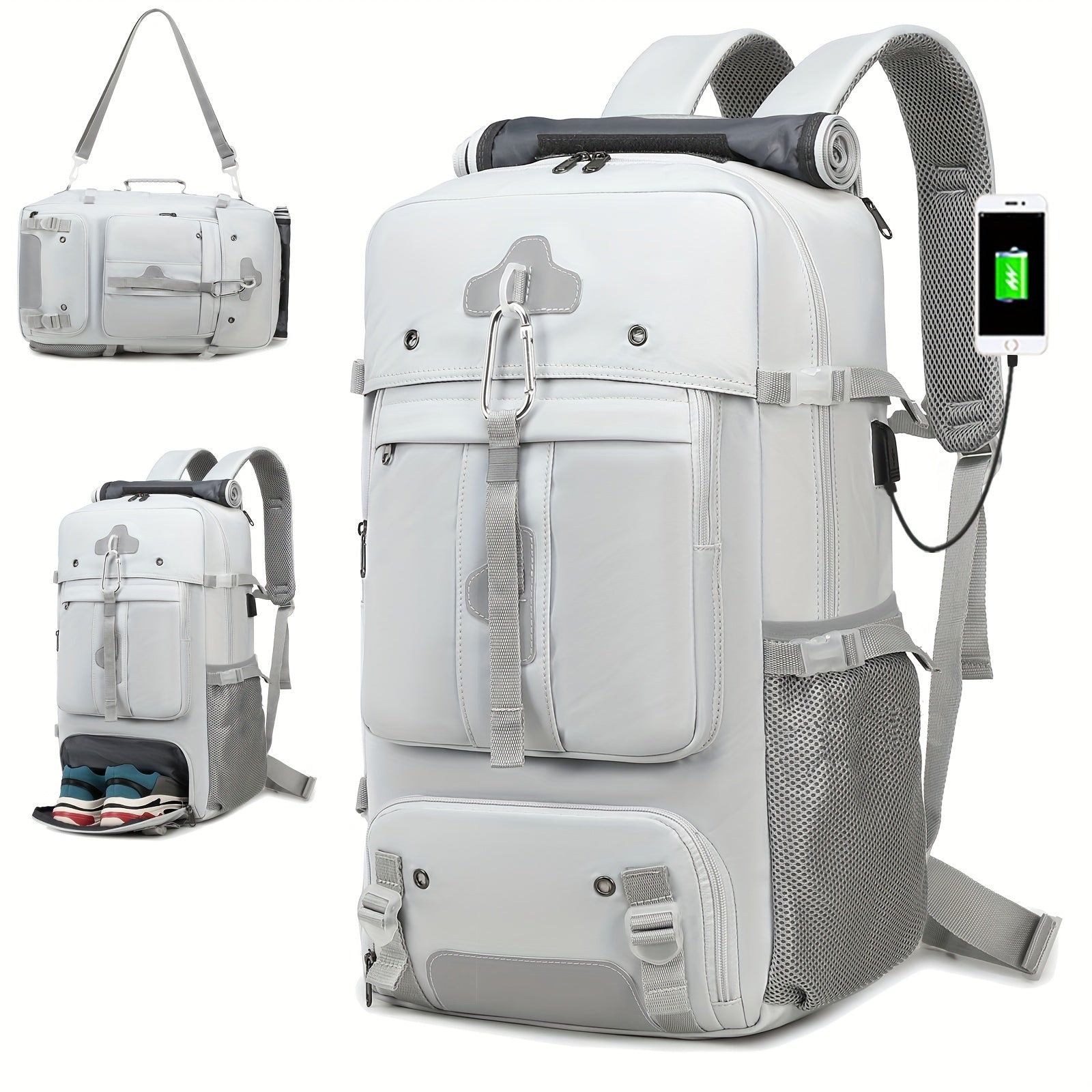 ENOSHI Airline Approved Travel Backpack with Shoe Compartment & 43.94cm Laptop Sleeve - USB Charging Port, Adjustable Straps, Mesh Pockets - Durable Polyester Gym, Business & Weekend Backpack for Men & Women (Light Gray), Workout Gear, Functional Compartm