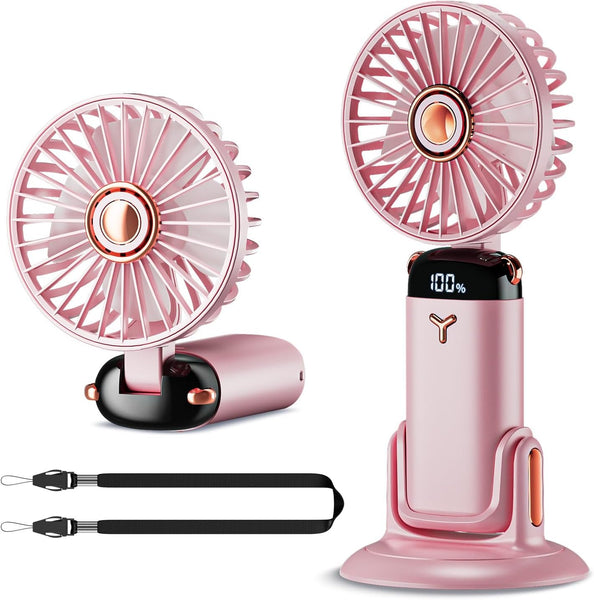 Handheld Fan Portable,Up to 13 Hrs 20DB Quiet Mini USB Rechargeable Hand Held Fans with Lanyard and Base, Battery Operated Electric Foldable Small Desk Fan with 5 Speed for Home Office Travel