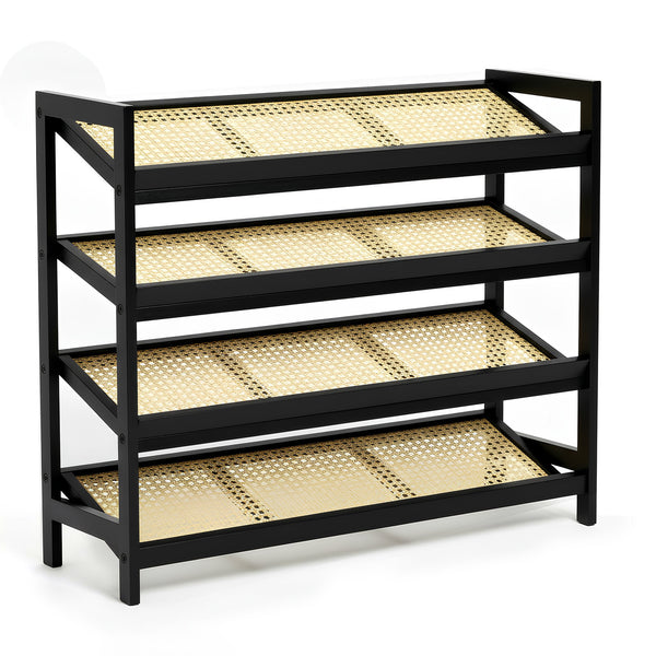 KEPLIN 2/3/4-Tier Bamboo and Rattan Shoe Rack Organizer – Durable, Easy Assembly – Compact Design for Entryway, Closet, or Hallway – Stylish and Functional Storage – Black and Natural