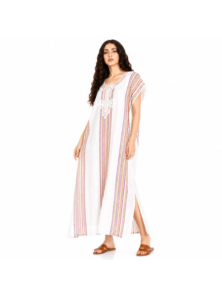 Women Boho Kaftan Dress Long Embroidered Beach Cover Up Lightweight Summer Kaftan Maxi Dress Loose Fit Swimwear Cover Up Holiday Beachwear Gandouri