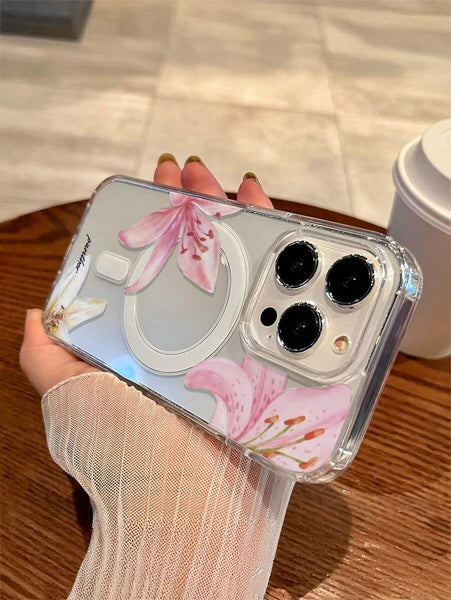 Phone case: 1pc Transparent Wireless Magnetic Lily Flower Design Phone Case, Soft+ Hard Material, Suitable as a Holiday Gift Compatible with iPhone 15 16 Pro/Pro Max/14 15 16 Plus, Anti-Fingerprints and Scratch-Resistant, Shockproof Anti-Drop