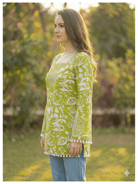 Estationeryhouse Cotton Printed Kurta Top, Long Sleeves, with White Tassels and Drawstring for Adjusting at Back