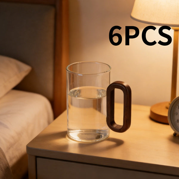 6pcs High Borosilicate Transparent Glass Cups, 360ml Vintage Wood Handle Tea Cups, Heat-Resistant Household & Office Tea Cups, Multi-Purpose Coffee Cups, Beverage Cups, Milk Cups, Suitable for Home, Office, Bar