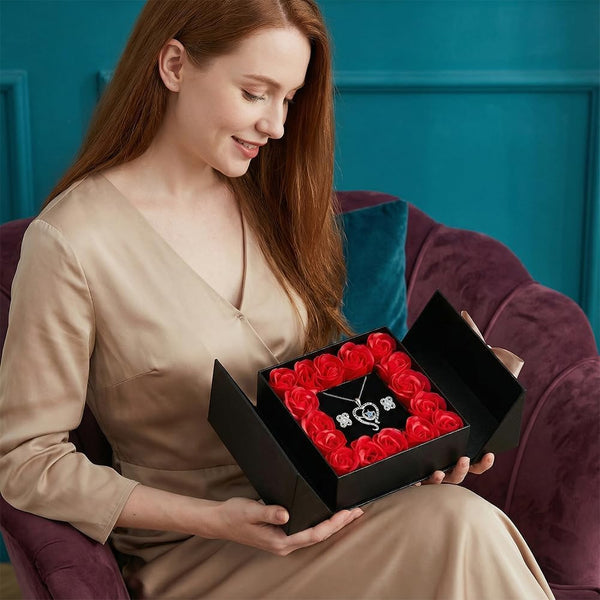 Eternal Flowers Rose Gift Box, Love You Necklace and Earring, Gifts for Women Mum Her, Artificial Rose Flowers for Women Girls for Birthday, Valentines Day, Christmas Silvery